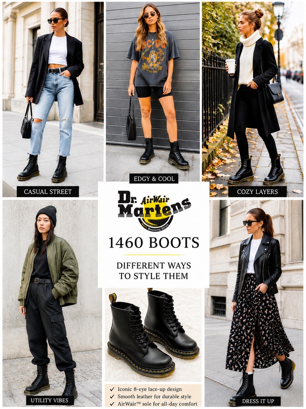 Dr. Martens 1460 Smooth Leather Black Combat Boots Size 7 - Picture 3 of 16